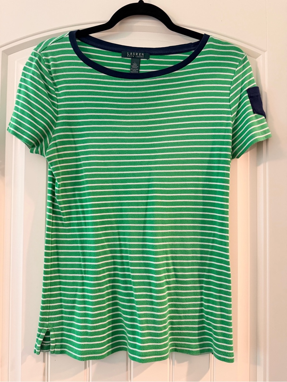 Lauren Ralph Lauren Green & White Striped Tee with Navy Trim Patch